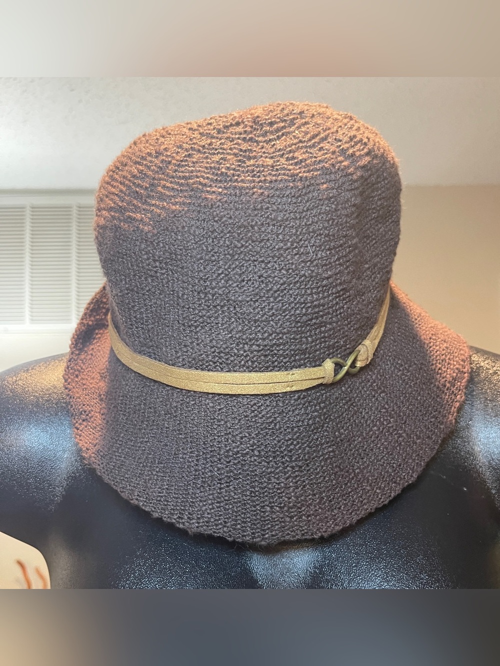 Brown Knit Bucket Hat with Gold Accent